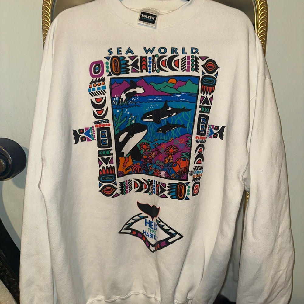 Tultex White Sea World Graphic Men's Crewneck Sweater Vintage